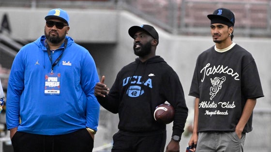 The UCLA football spring practice at the Rose Bowl in Pasadena.