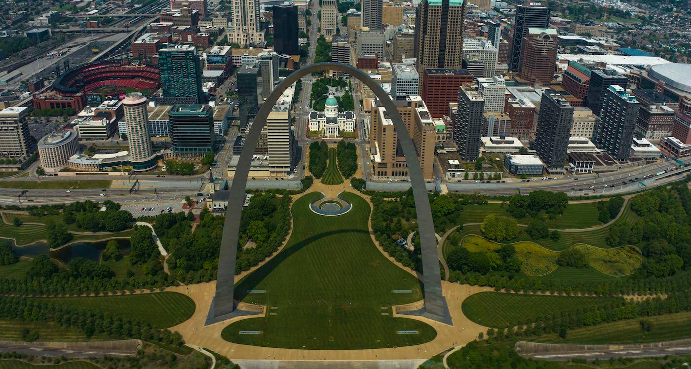 Aerial view of City of St. Louis skyline with Gateway Arch and Mississippi River, Missouri