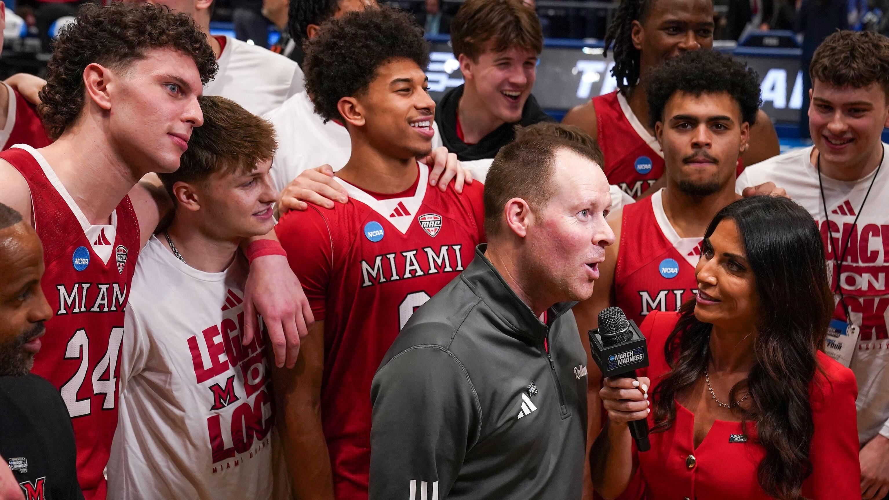 Miami (OH) RedHawks head coach Travis Steele speaks with media after the RedHawks defeated the Southern Methodist University