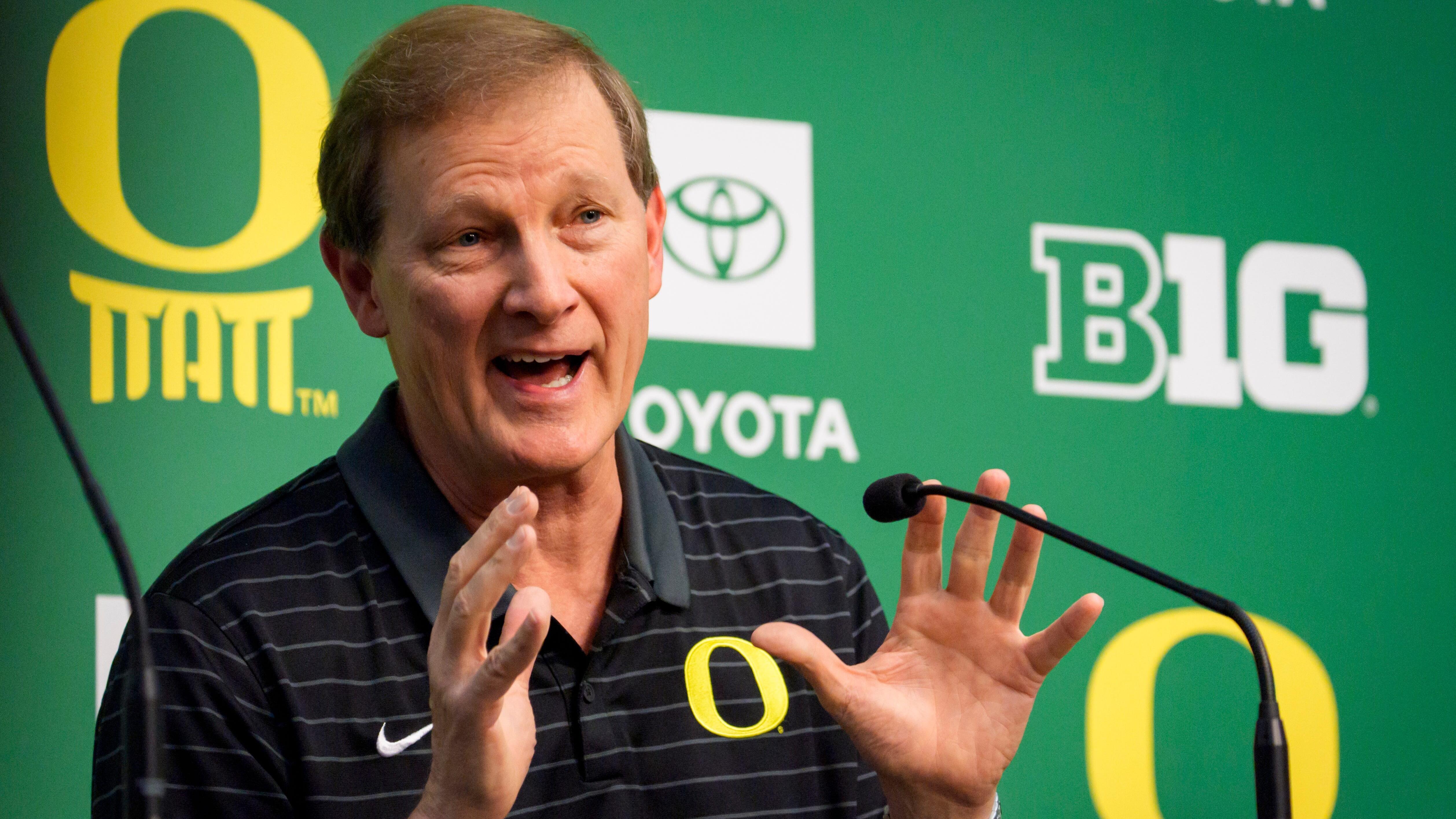 Oregon menís basketball coach Dana Altman speaks during a press conference on his retirement Oct. 7, 2026, at Matthew Knight