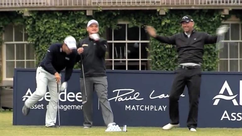 WATCH: Thomas Bjorn banks wedge shot off champagne bottle into hole