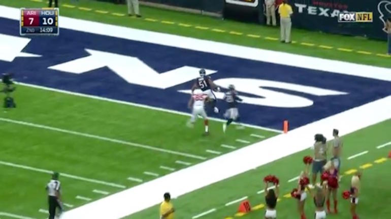 WATCH: Texans LB plucks amazing pick-six, Carson Palmer gets decked