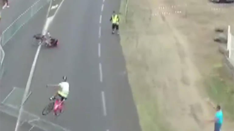 WATCH: Cyclist's angry father drags barrier across road, causes nasty crash