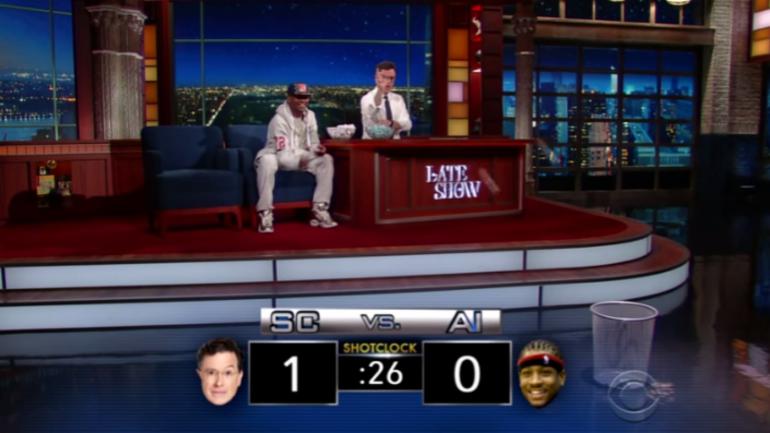 WATCH: Iverson crosses up Stephen Colbert but loses shooting contest