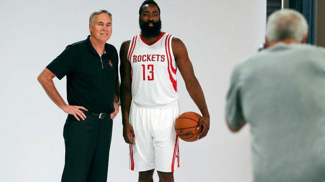 Mike D'Antoni and James Harden at media day