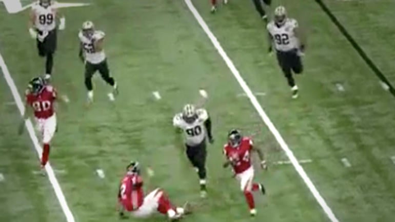 LOOK: Matt Ryan trips and falls instead of blocking a huge Saints defender