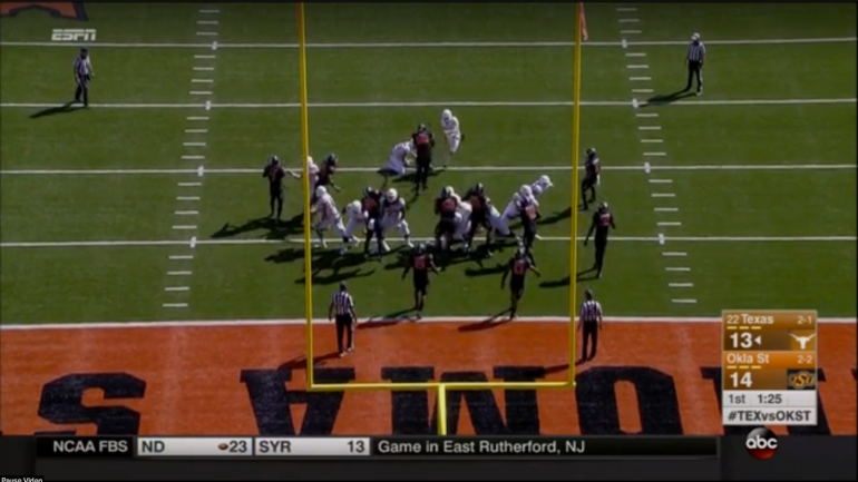 WATCH: 300-pound Oklahoma State DL blocks Texas PAT and laterals for a score