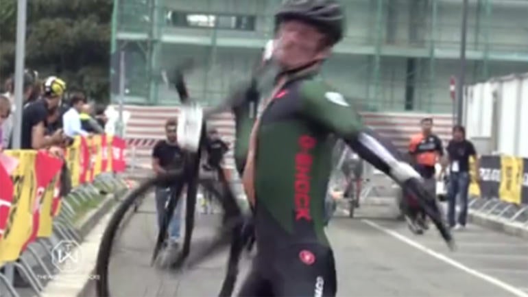WATCH: Cyclist, furious after crash, destroys bike his 'homie' loaned him