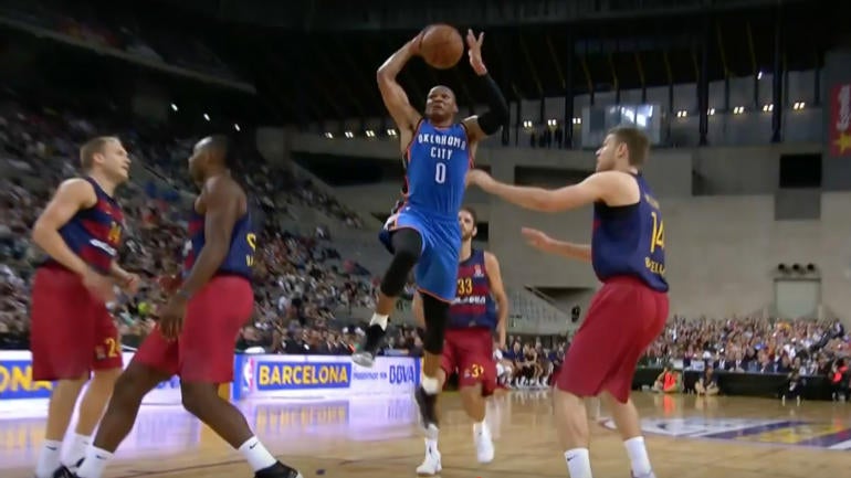 WATCH: Thunder's Russell Westsbrook throws down vicious dunk in Spain