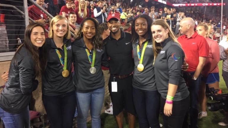 LOOK: Tiger Woods, Katie Ledecky watch Washington State-Stanford game together