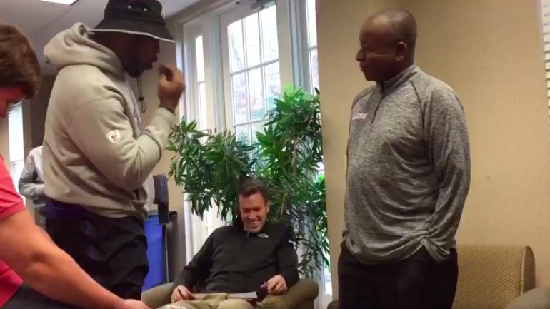 Terrell Suggs poses as reporter Hacksaw Smithers to interview Dak Prescott