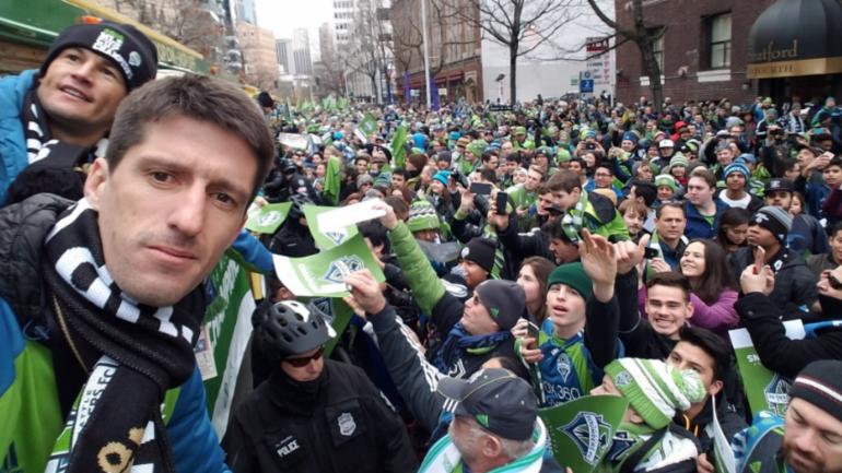 A trolley at the MLS Cup championship parade for the Sounders hit a police officer