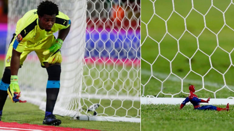 Not even a Spider-Man toy behind the net could save Ghana keeper from Cameroon