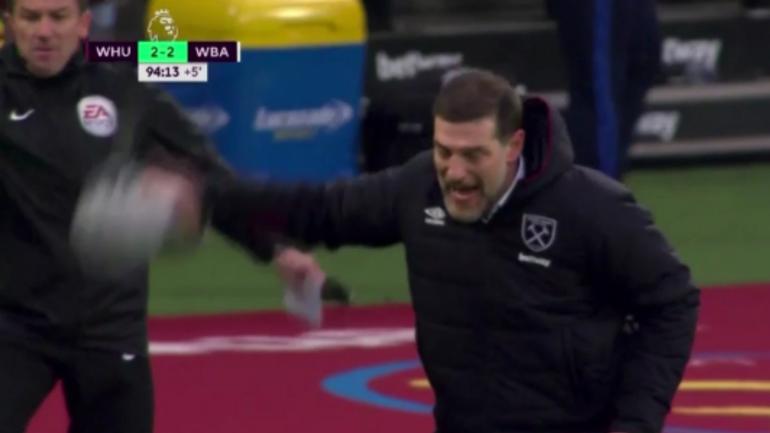 WATCH: West Ham manager freaks out at conceding late goal, smashes microphone