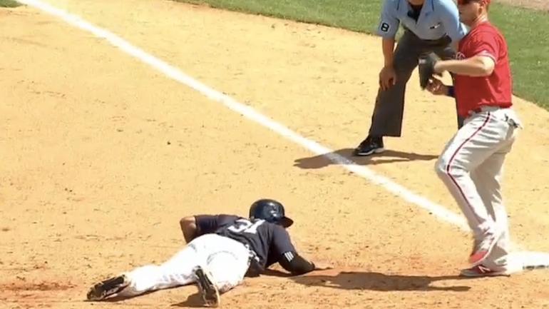 WATCH: Yankees baserunner plays possum to avoid tag on Phillies' pickoff throw