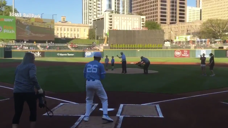WATCH: Roy Williams emphatically calls his first pitch at UNC baseball game a strike