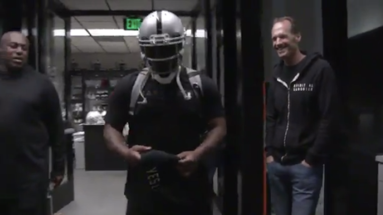 LOOK: Marshawn Lynch tries on his Raiders helmet, decides to wear it home