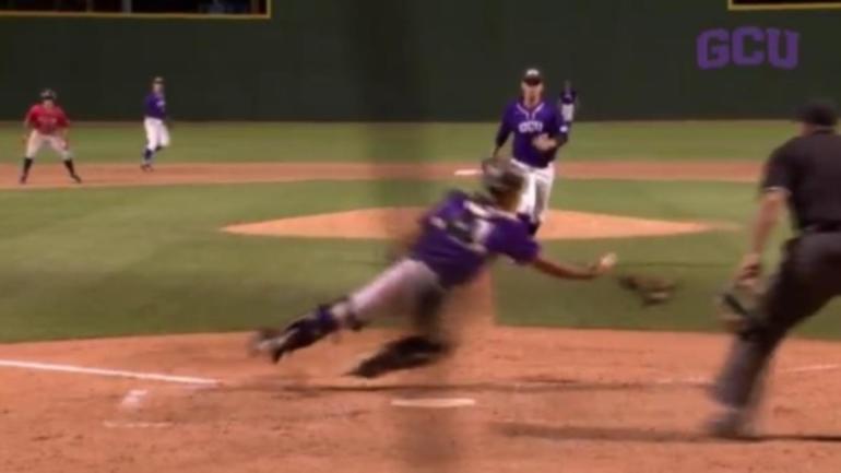 WATCH: College catcher makes incredible juggling catch on bunt attempt