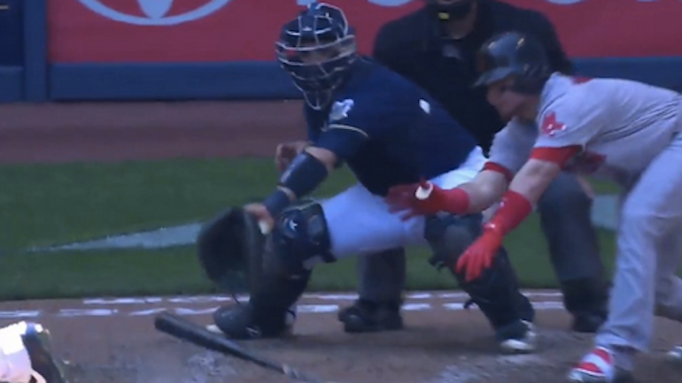 WATCH: Christian Vazquez of the Red Sox went to great lengths to foul a ball off