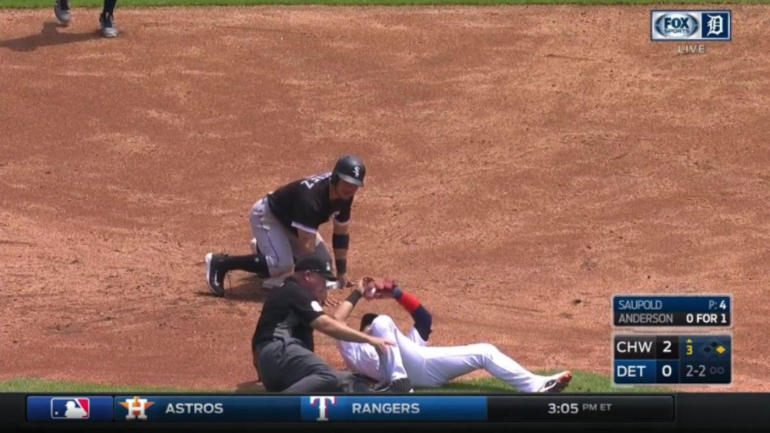 Tigers' Jose Iglesias makes acrobatic tag at second and wipes out umpire in the process