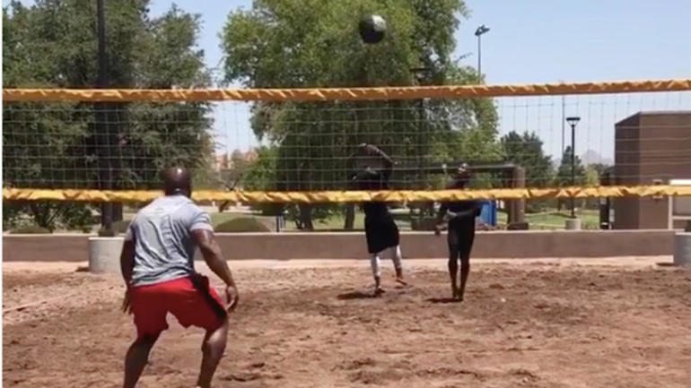 WATCH: James Harrison still loves playing volleyball with a medicine ball