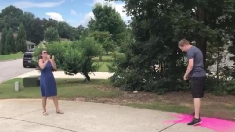 WATCH: Baseball themed gender reveal goes hilariously wrong when dad takes a pitch