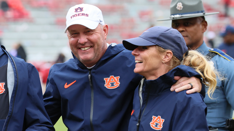 Hugh Freeze celebrates after Auburn defeated Arkansas in Week 9
