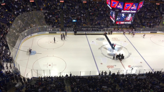 St. Louis Blues Chairman Tom Stillman (R) and St. Louis Cardinals President  Bill DeWitt III prepare for a ceremonial puck drop before the St. Louis  Blues-Carolina Hurricanes hockey game at the Scottrade