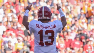 Alabama quarterback Tua Tagovailoa (13) passes downfield against