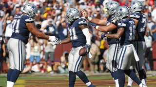 November 05, 2018:.Dallas Cowboys defensive end Taco Charlton (97)  celebrates as the defense forces a turnover.during an NFL football game  between the Tennessee Titans and Dallas Cowboys at AT&T Stadium in  Arlington