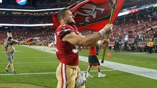 Santa Clara, United States. 07th Oct, 2019. San Francisco 49ers defensive  end Nick Bosa (97) celebrates a sack of Cleveland Browns quarterback Baker  Mayfield in the second quarter at Levi's Stadium in