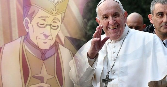 The Pope wearing a custom designed anime coat featuring himself on his  recent trip  rMadeMeSmile