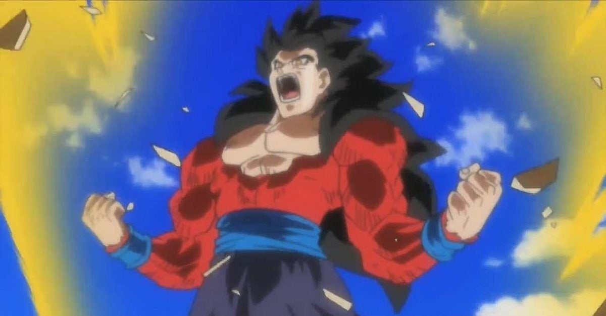 Goku powering up in super saiyan 4 form