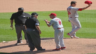 Major League Baseball umpire Joe West wears the initials JK on