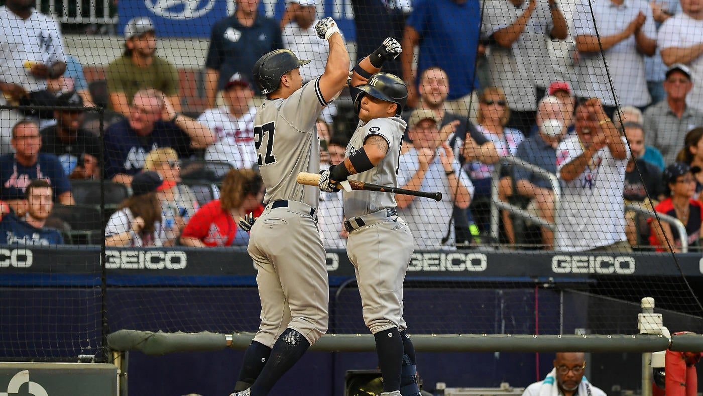 New York Yankees Giancarlo Stanton heads to the dugout after batting  against the Atlanta Braves during a spring training game at Champion  Stadium in Kissimmee, Florida on March 18, 2019. Photo by