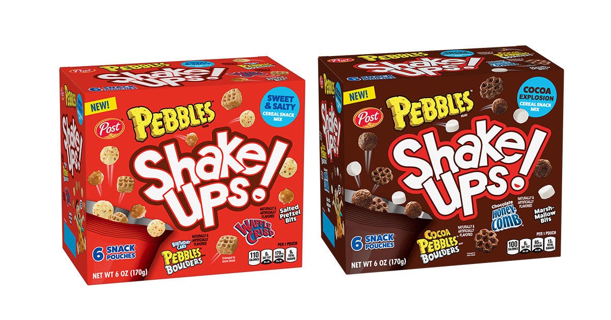 PEBBLES Shake Ups! cereal snack mixes and Marshmallow Cocoa