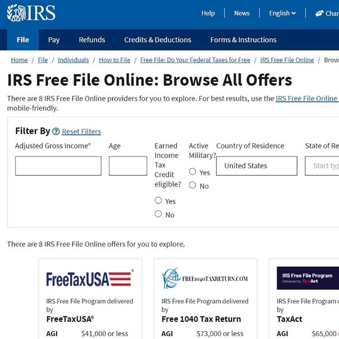 IRS Free File Online Offer list