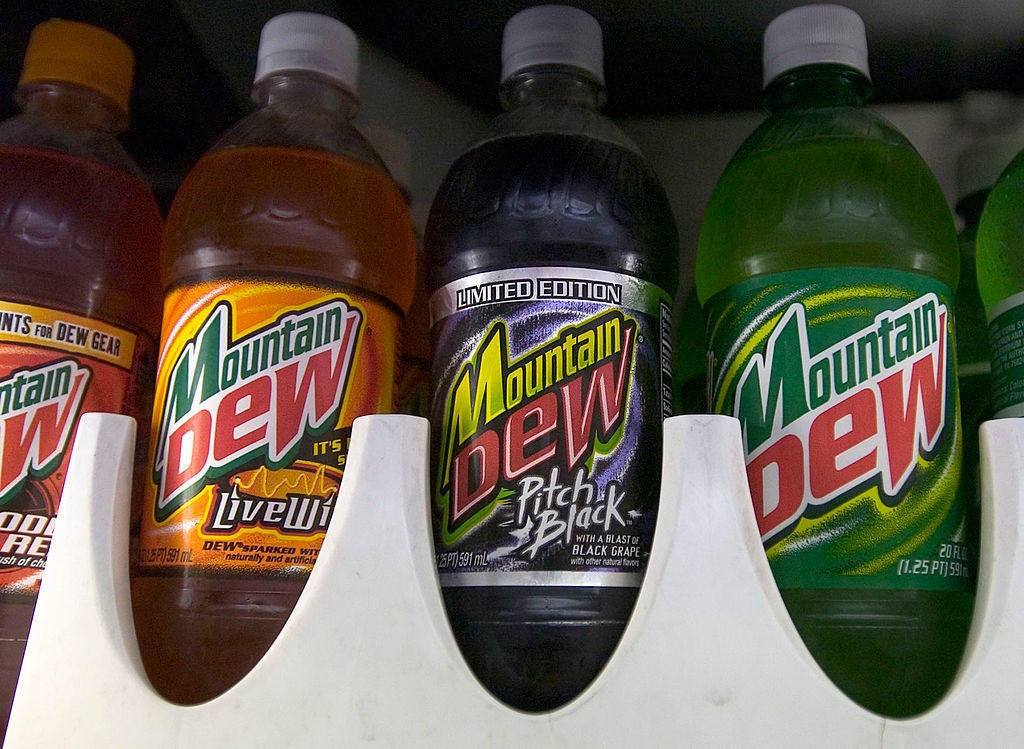 Bottles of Mountain Dew, including the limited edition Pitch