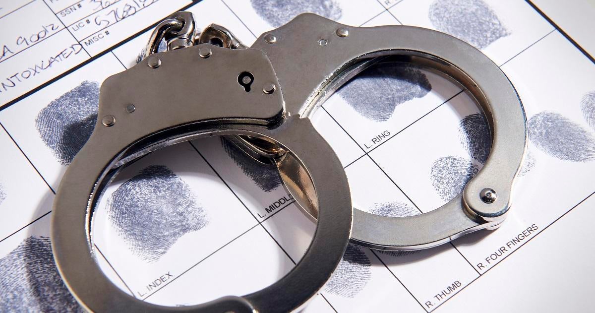 Handcuffs laying on top of fingerprint chart in file