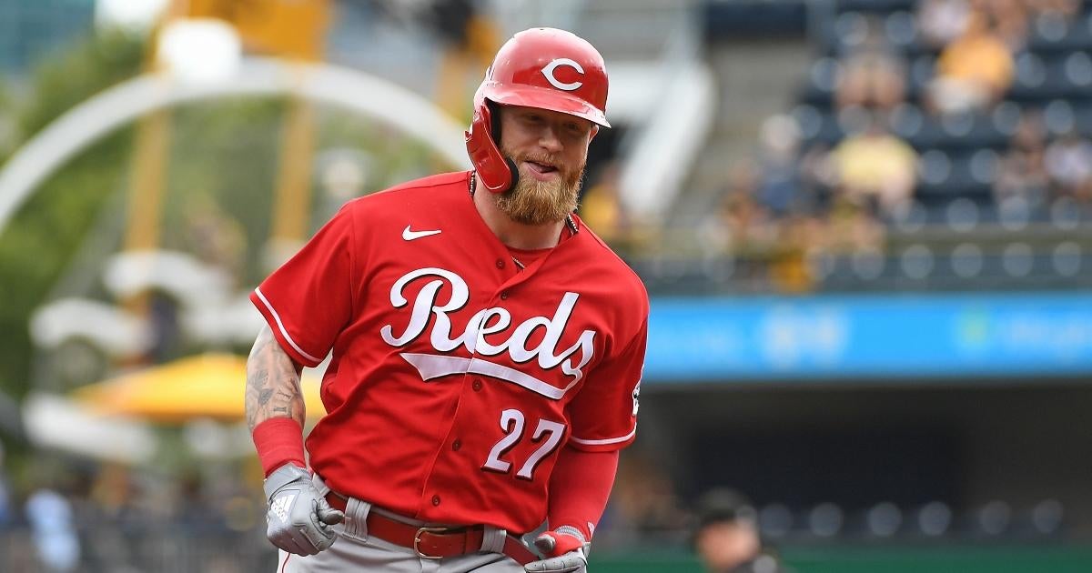 Jake Fraley -- Game Used Red Alternate Jersey -- CIN at ATL on 4/8/22  (Starting RF: 1-for-3, 2 RBI, R, BB - Made Reds Debut) -- Size 46