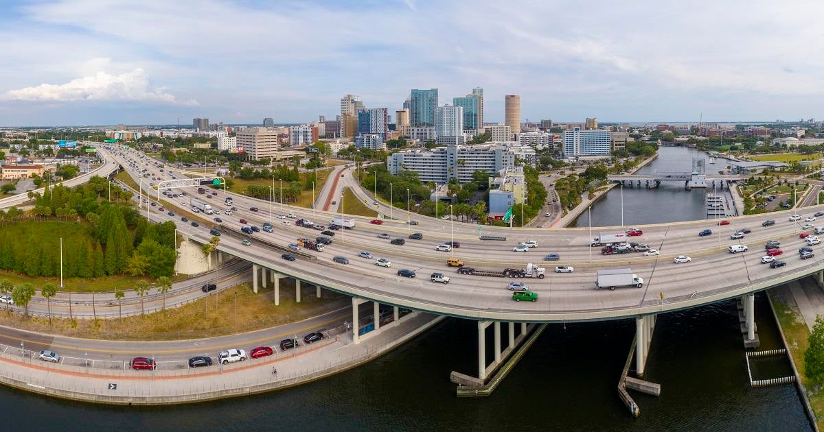 Aerial skyline of Tampa, Florida. Distant view of Downtown Tampa over the Hillsborough River and big transport junction.Extra-large, high-resolution s