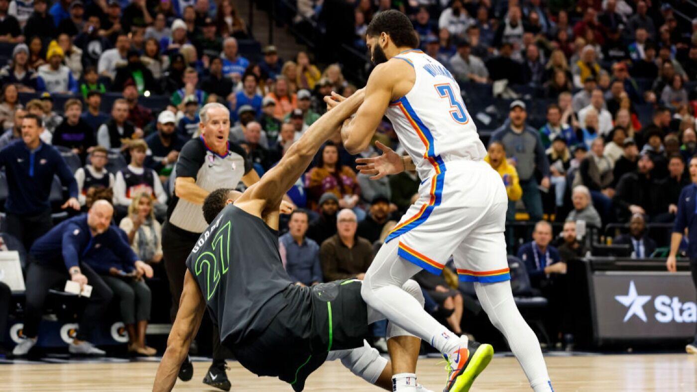 WATCH: Timberwolves' Rudy Gobert ejected for tripping Thunder's Kenrich Williams