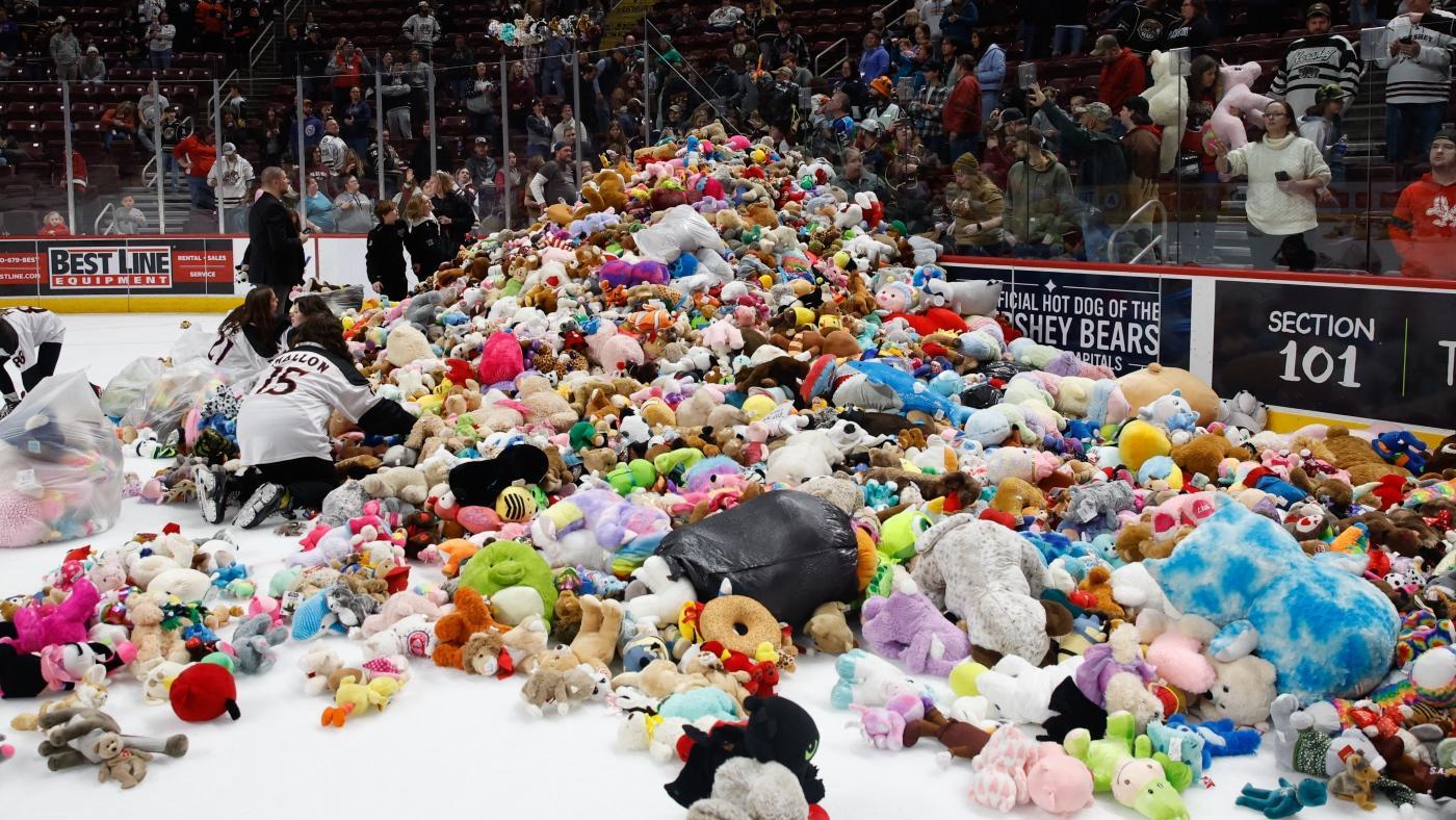 WATCH: Hershey Bears fans set new world record for largest teddy bear toss