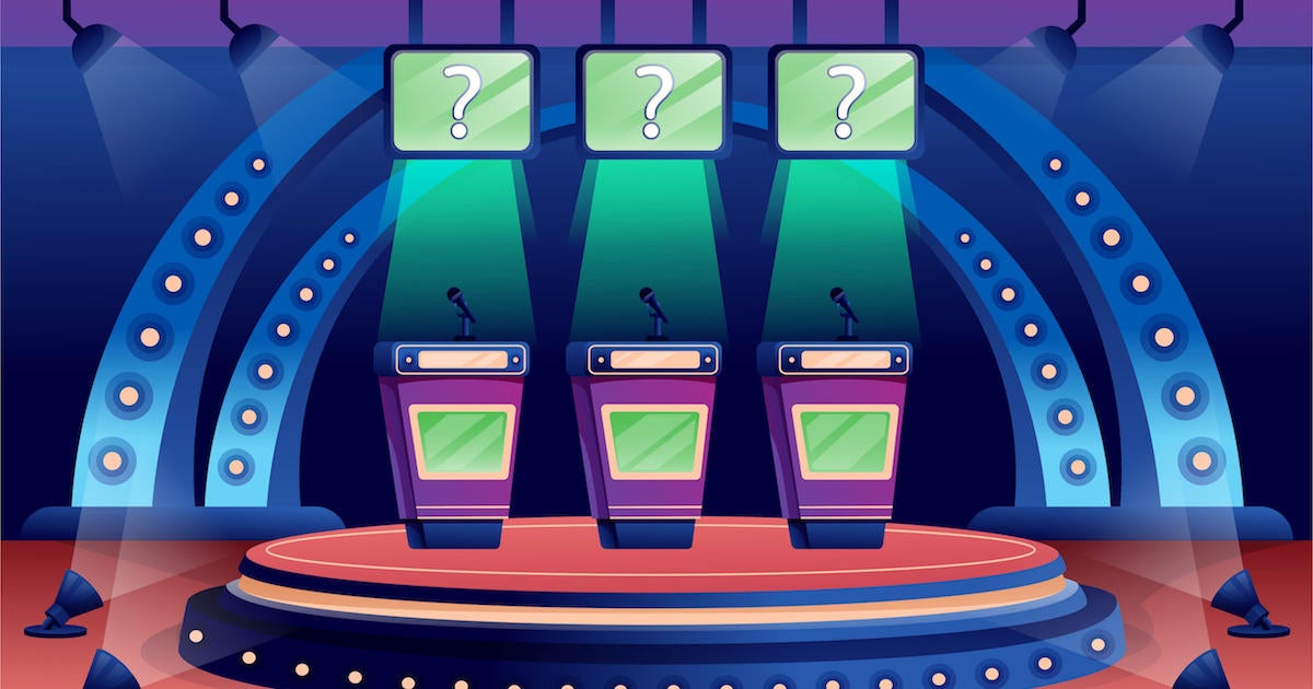 Quiz game stage interior design background. Competition with questions. Television trivia show vector illustration. Three stands with microphones in s