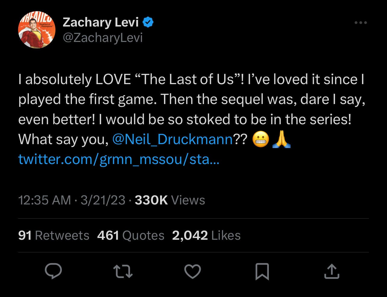 Zachary Levi The Last of Us Tweet
