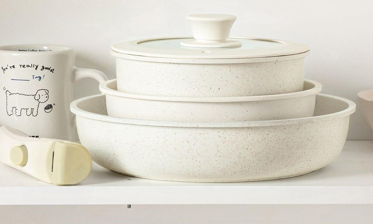  CAROTE Nonstick Pots and Pans Set, White Granite