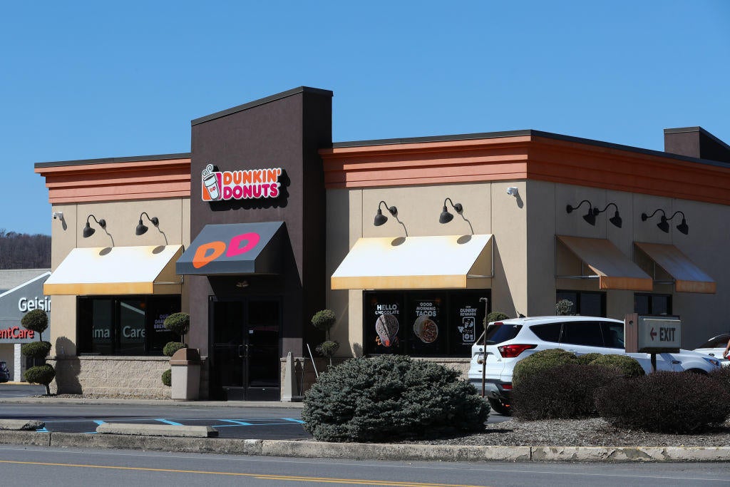 An exterior view of a Dunkin' Donuts restaurant in Sunbury