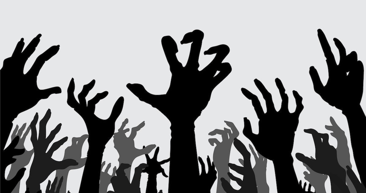 Silhouette Hands and arms of evil spirits rise up a lot at the same time. Illustration about the crowd of zombies and monsters out of Hell, religion,