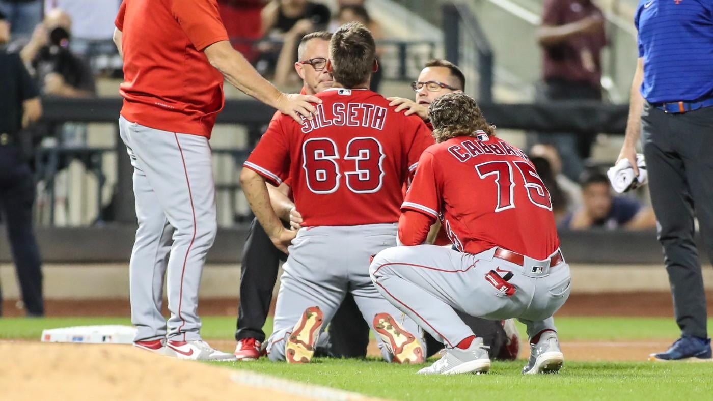 Angels pitcher Chase Silseth exits start after being hit on head by throw