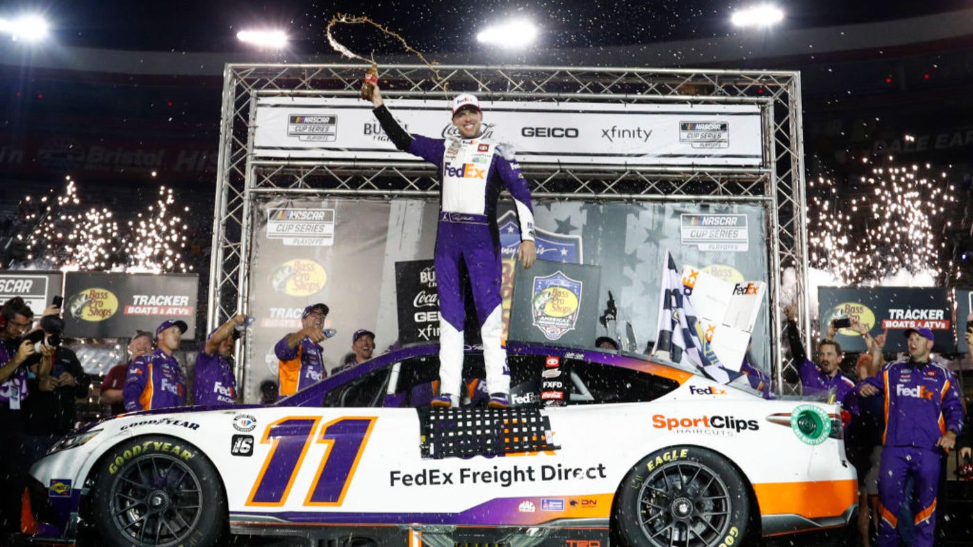NASCAR playoffs at Bristol results Denny Hamlin holds off Kyle Larson to win the Bass Pro Shops Night Race